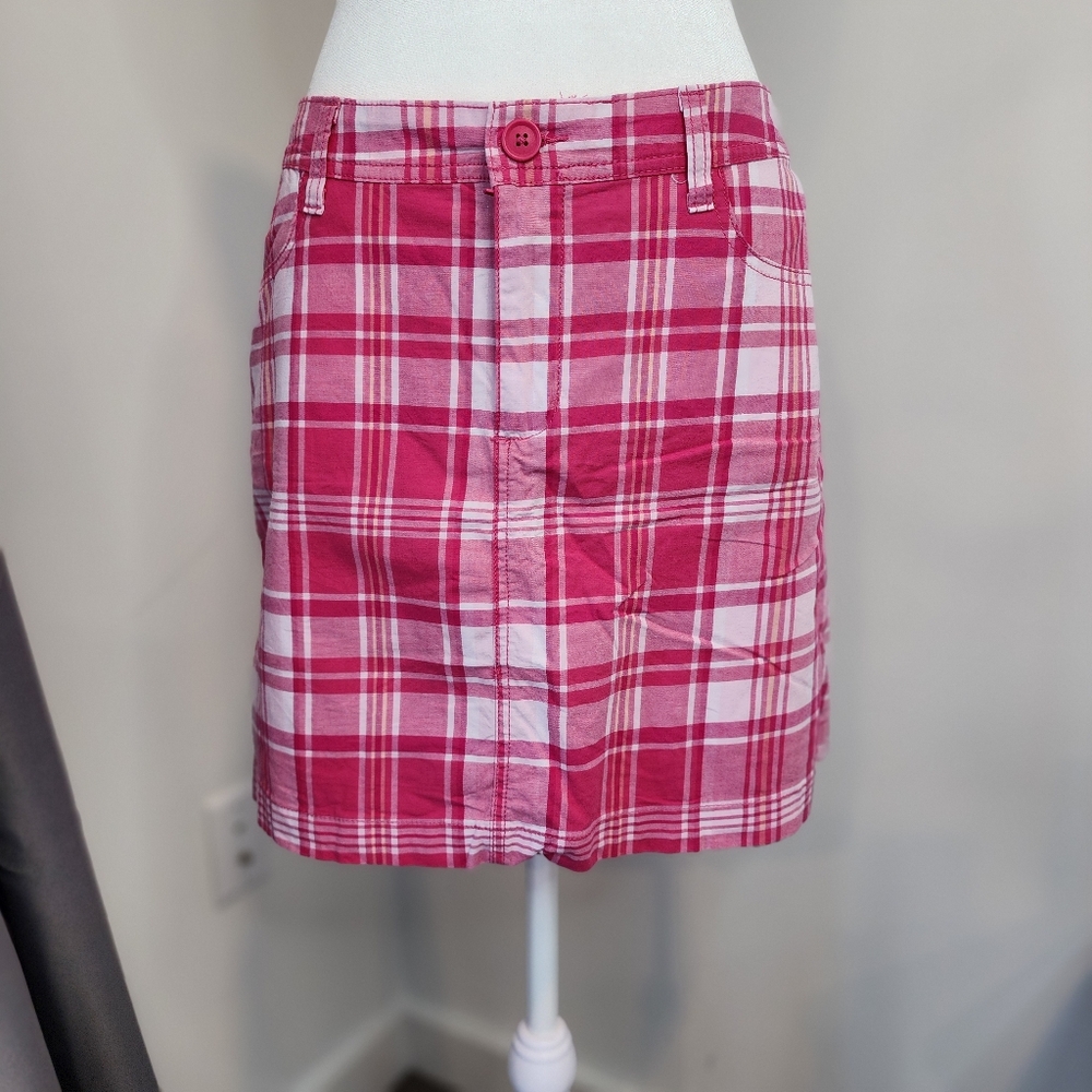 St Johns Bay Womens 12 Cotton Pink Plaid Skort Flat Front Pockets Darted Back